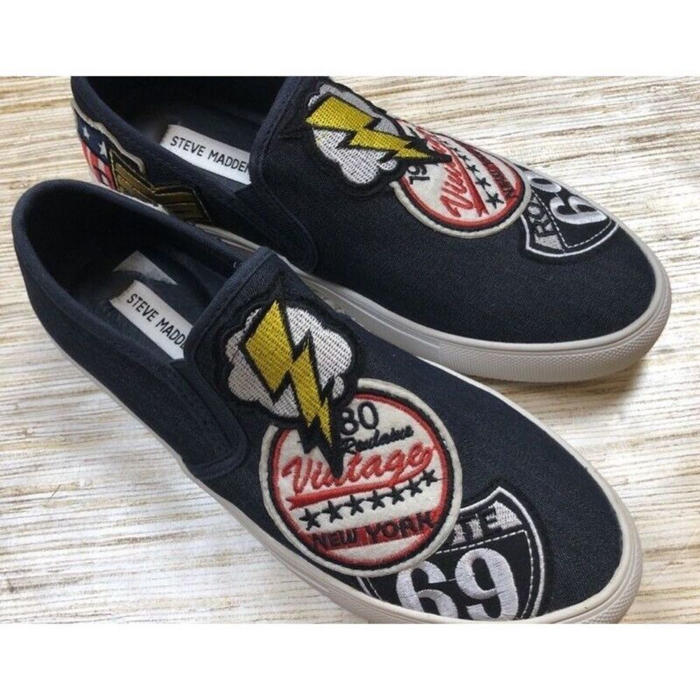 L-21 Steve Madden Mens Wasdin Denim Sneakers Navy Blue Slip-On Patchwork 7.5